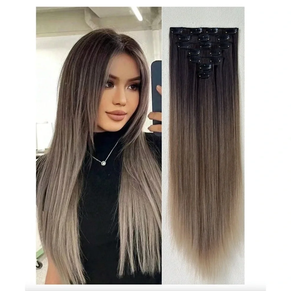 Ombre Brown & Blonde Straight hair Clip in Long Hair Extensions 22 in Set